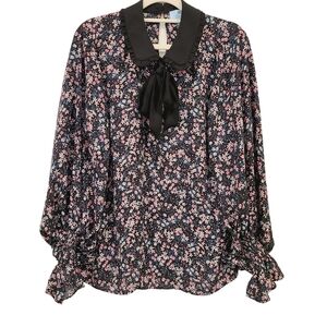 CeCe Floral Tie Neck Detail Wide Long  Sleeve Blouse